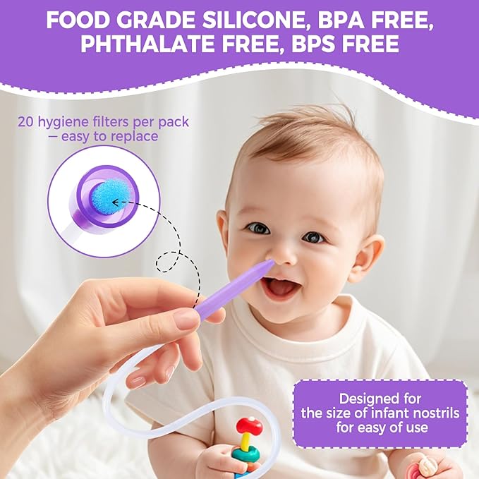 Nasal Aspirator for Baby with 20 Hygiene Filters Nose Sucker, Reusable Infant Nose Cleaner, Easy to Use and Clean, Custom-Sized for Newborns Nasal -Portable for Both Travel and Home Use-Purple