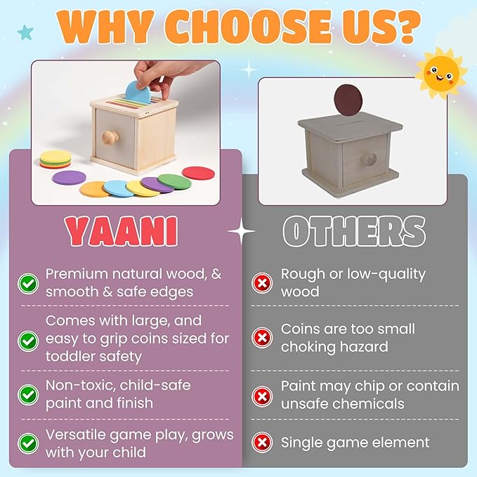 YAANI Montessori Coin Box Toy for Toddlers – Wooden Shape Sorting & Color Matching Learning Toy – Fine Motor Skills, Object Permanence, Early Educational Gift for 1-3 Year Old Boys & Girls