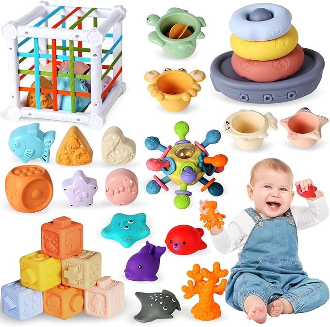 7-in-1 Montessori Baby Toys with Shape Sorter Sensory Bin, Stacking Cups, Soft Sea Animal Toys for 6-12-18 Months, Fun Bath Time Learning Developmental Toys Gifts for 1 2 3 Year Old Girls Boys