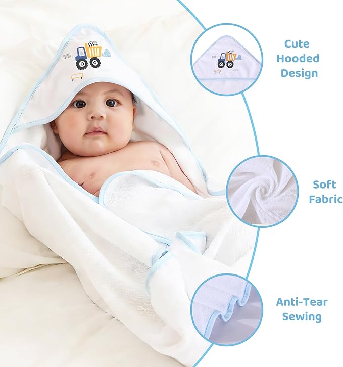 Mooreeke Baby Towel with Hood for Boys Blue Excavator Bath Towel for Babies Ultra Soft Absorbent 3 PCS Baby Towels and 3 PCS Washcloths for Newborn Essentials