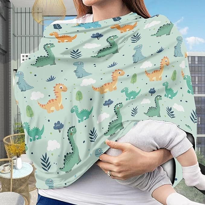 AFPANQZ Dino Stretchy Baby Car Seat Nursing Breastfeeding Cover Super Breathable Multiuse Infant Carseat Canopy Stroller Cover Scarf All Seasons Girl Baby