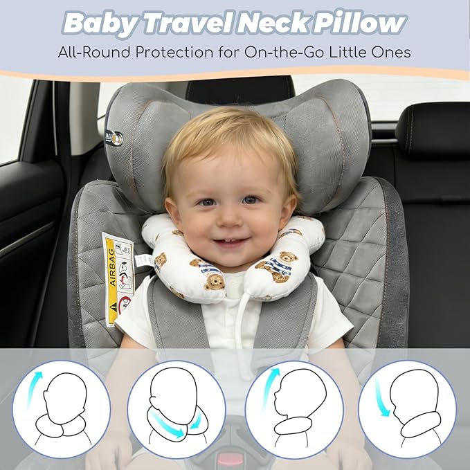 Baby Neck Pillow, U-Shape Pillow for Car Seat, Stroller and Pushchair, Lightweight Baby Travel Accessory (Little Bear)