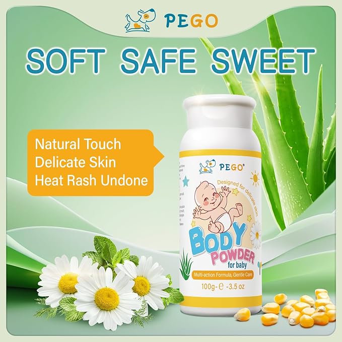 PEGO Baby Body Powder,Talc-Free Cornstarch Powder,Prevent Heat Rash,Diaper Rash,with Zinc Oxide,Vitamin E,Aloe and Chamomilla,Anti-Chafing & Itch Relief,Non-Irritating,Calming Skin Care(1pack)