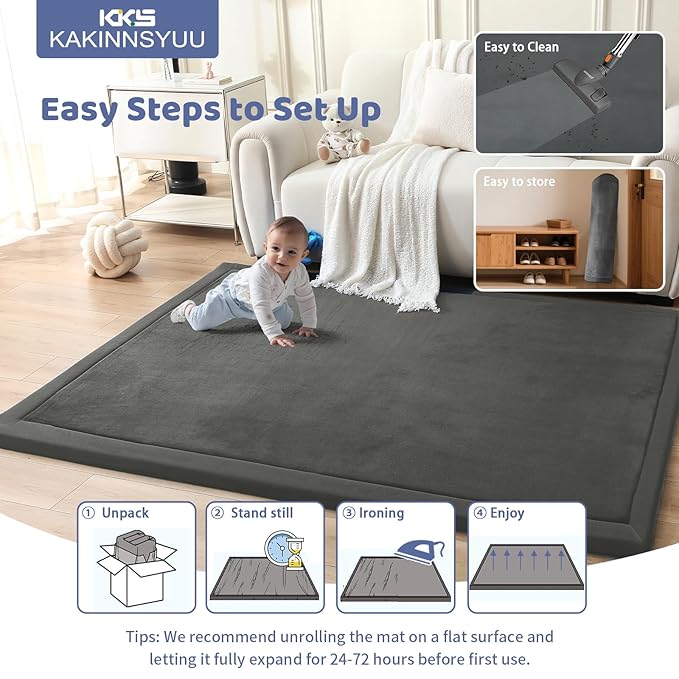 2-Inch Extra Thick Baby Play Mat For Floor, Ultra Soft Nursery Rug, 59"x39" Large Kids Rug for Tummy Time, Flannel Cover with Powder-Free Memory Foam Non-Slip Base Crawling Mat for Infants Toddlers