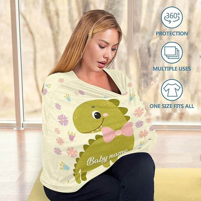 Personalized Baby Car Seat Cover for Babies, Custom Name Baby Car Seats Canopy for Boys Girls, Nursing Breastfeeding Stroller Covers for Infant Newborn, Shower Gift (Cute Dinosaur)