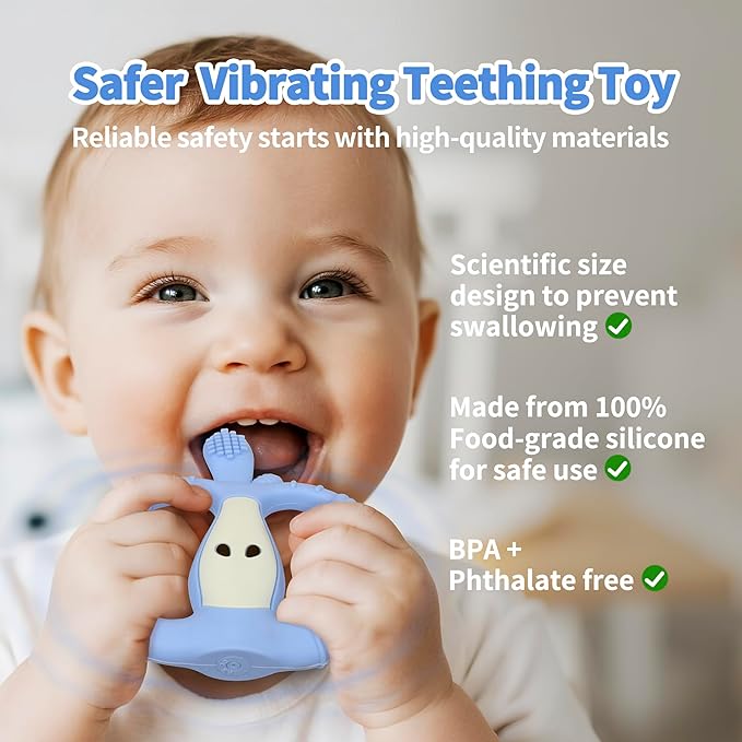 Vibrating Teether for Baby with Remote Control - Chewy Sensory Toy for Teething & Autism, 10-Speed Vibration Modes, USB Rechargeable, Food Grade Silicone Teether for Sensory Seekers (Blue)