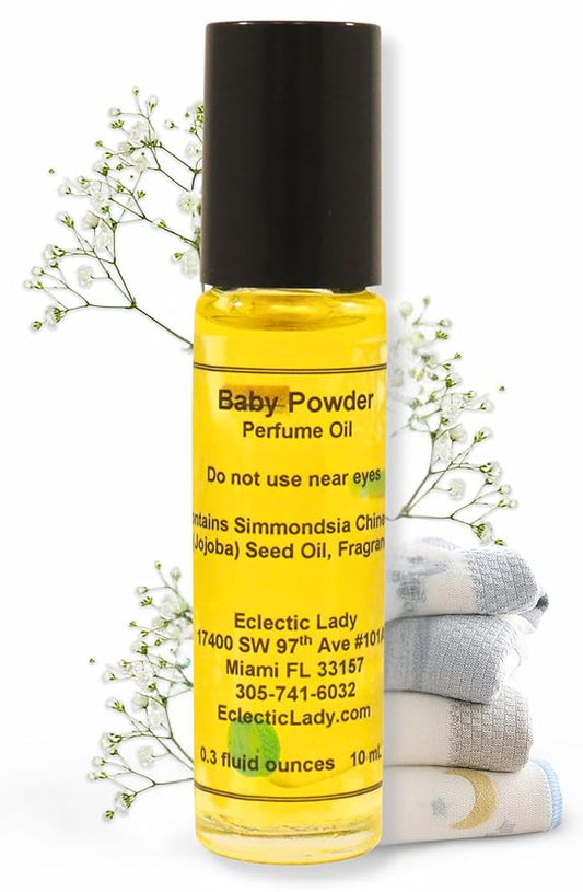 Baby Powder Perfume Oil, 0.3 fl oz, Portable Roll-On Fragrance with Long-Lasting Scent, Delightful Essential Oils and Jojoba Oil For Daily Use