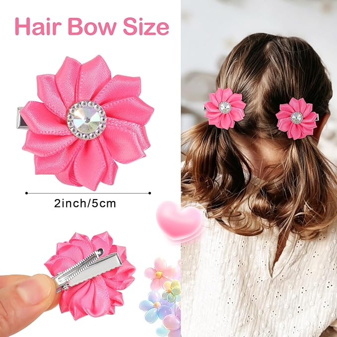 OAOLEER 40PCS 2” Flower Baby Hair Bows Clips, Mini Satin Floral Toddler Bows with Rhinestone Hair Accessories for Girls Toddlers Infants (40pcs Flower Bows-C)