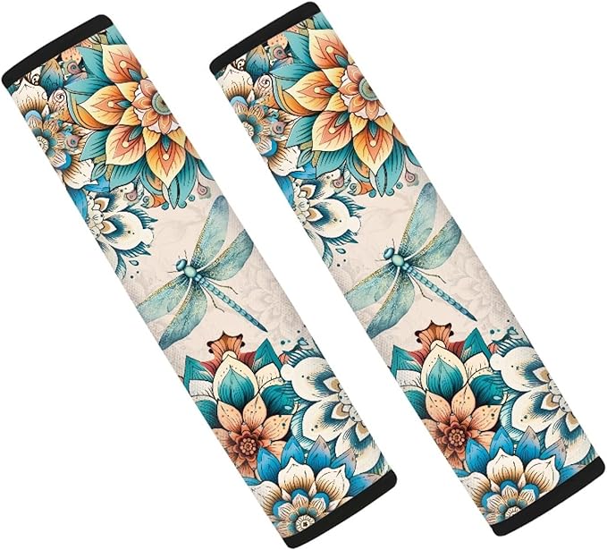 UNICEU Bohemian Floral Dragonfly 2 Piece Car Seat Belt Pads for Women Kids, Neoprene Soft Auto Seatbelt Shoulder Covers Vehicle Accessories, Universal