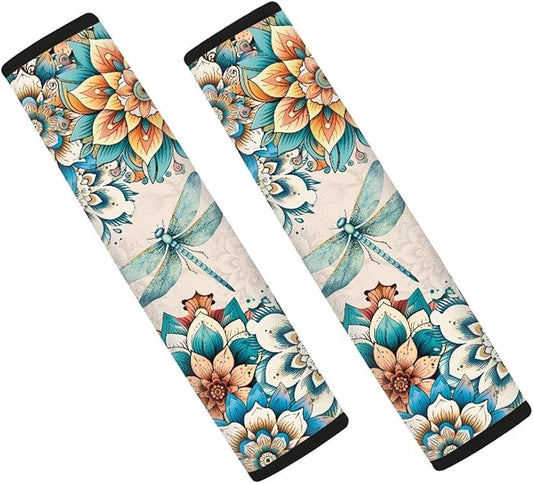 UNICEU Bohemian Floral Dragonfly 2 Piece Car Seat Belt Pads for Women Kids, Neoprene Soft Auto Seatbelt Shoulder Covers Vehicle Accessories, Universal