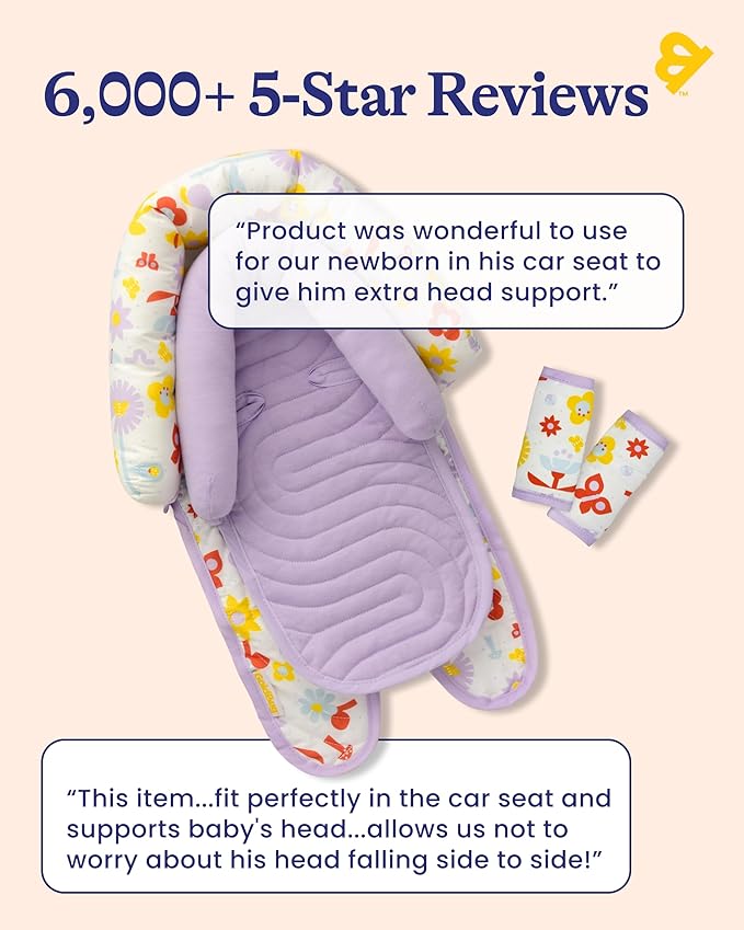 GoldBug Deluxe Duo Car Seat Head Support + Matching Strap Covers for Baby and Infant - Backyard Bugs