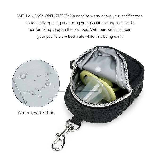 MOMIGO Pacifier Case Bag - Pacifier Holder with Clip for Diaper Bag Stroller Purse Charm, Holds 2 Pacifiers Outdoor Travel (Black)