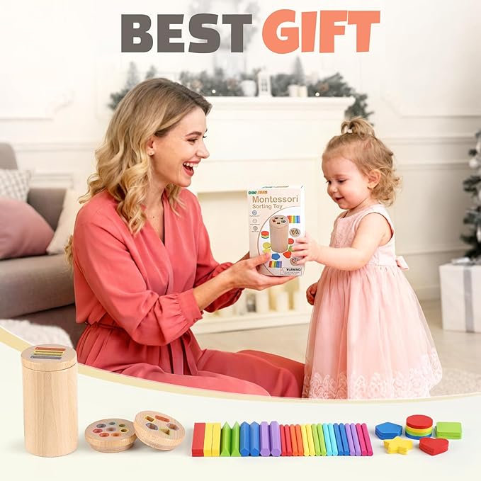 DINORUN Wooden Montessori Toddler Toys - 3 in 1 Sensory Toys for Color Shape Matching, Learning Fine Motor Skills, Educational Toys for Toddlers 1-3, Travel Toys for Boys Girls Gifts