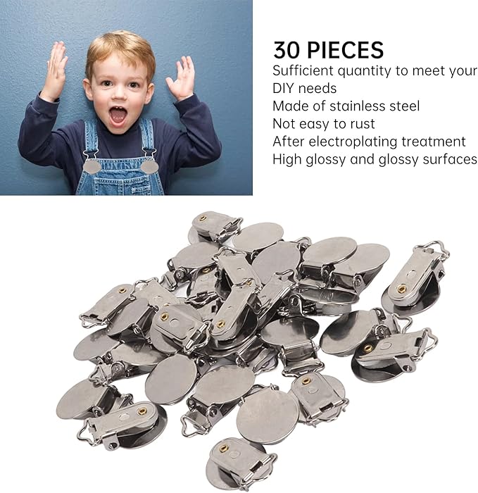 Round Pacifier Clips, Suspender Snaps,30pcs Metal Round Clips for Toddler Prevention Electroplated Stainless Steel Suspender Clips for Teething