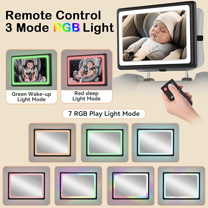 Baby Car Mirror with Light - Remote Control, 360° Adjustable, Shatter Resistant Car Seat Mirror - Clear Night Vision, Easy Installation for Rear Facing Infants (2 Pack)