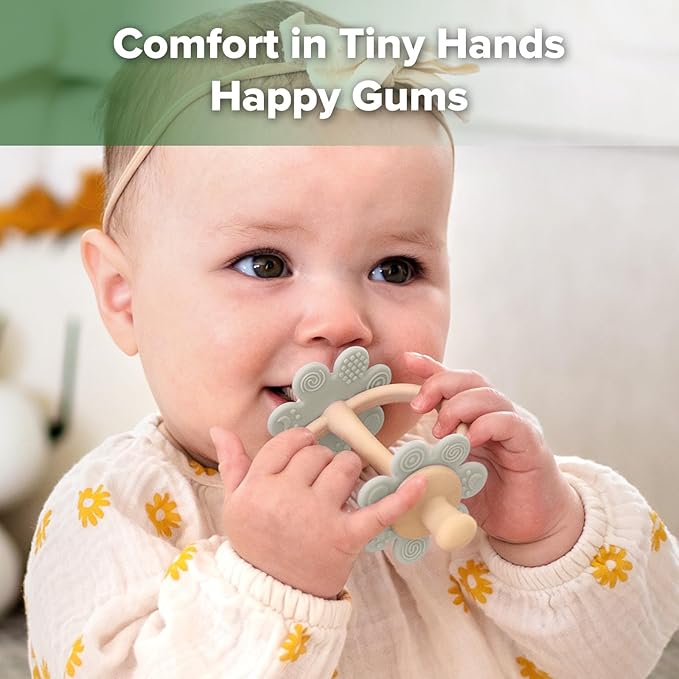 haakaa Silicone Twin Flower Teether,Nipple-Shaped End for Gum Massage,360° Baby Toothbrush Head for Self-Brushing Training,Easy to Grip -Slate Grey