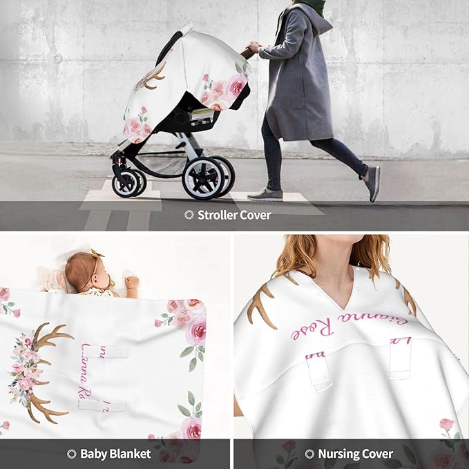 Personalized Baby Car Seat Canopy with Name – Custom Floral Antler Minky Nursing Cover for Girls, Soft Stroller Cover for Infants & Newborns, Carseat Canopy for Breastfeeding