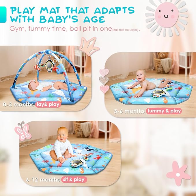 lulunemo Baby Play Mat,Tummy Time Mat with 6 Detachable Toys-Activity Gym for Visual, Auditory & Motor Development-Washable Baby Activity Mat for 0-12 Month Infants(Ocean)
