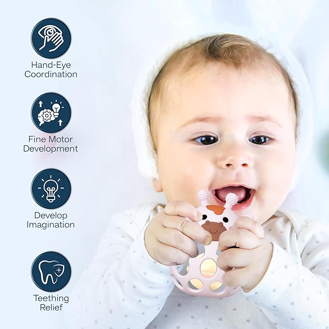 Giraffe Baby Teether with Pacifier Clip - 3 in 1 Teething Toy, Rattle & Clip Set, Food Grade Silicone BPA Free, Baby Teething Toys 3-6 Months, Baby Toys 6-12 Months