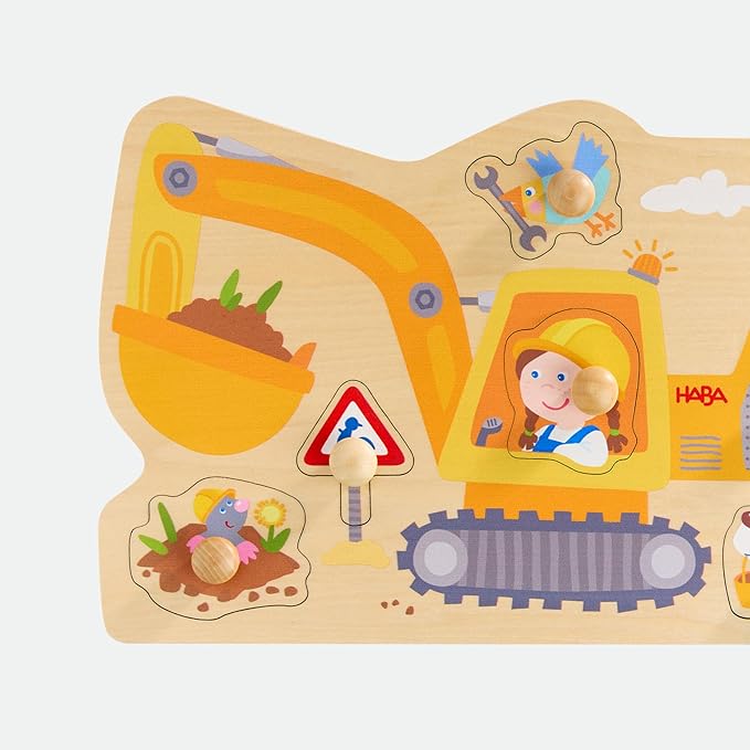 HABA Construction Site Gripping Puzzle - First Wooden Puzzle with Big Buttons - Recognize Excavator & Shovel - for Children from 12 Months - 2012171001