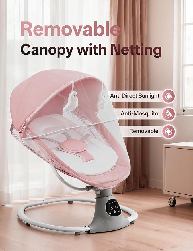 Electric Baby Swing for Infants to Toddler, Portable Swing Baby Rocker with 5 Point Harness, 5 Sway Speed, Bluetooth,12 Preset Lullabies with Remote Control, Infant Swing for Baby Boys & Girls, Pink