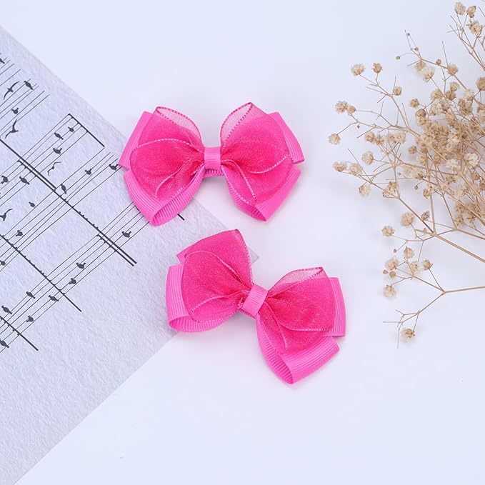 Tiny 3 Inch Organza Double Hair Bow Clips - Lined Boutique Alligator Hairpin for Baby Girls, Toddlers, and Little Teens - Kids Barrettes Set of 2 Small Stylish (Deep Hot Pink)