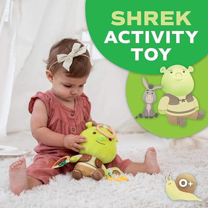 Shrek Activity Toy – Made with Super Soft Material & Features Jingle Bell, Child-Safe Mirror & Crinkle Sound – Use The C-Clip for Easy Hanging as On-The-Go Baby Toy for Boys & Girls