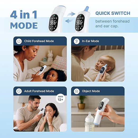 Instant No-Touch Thermometer for Babies & Adults - Fast, Accurate Fever Detection in 1 Second (3-in-1 Forehead, Ear & Object Mode)