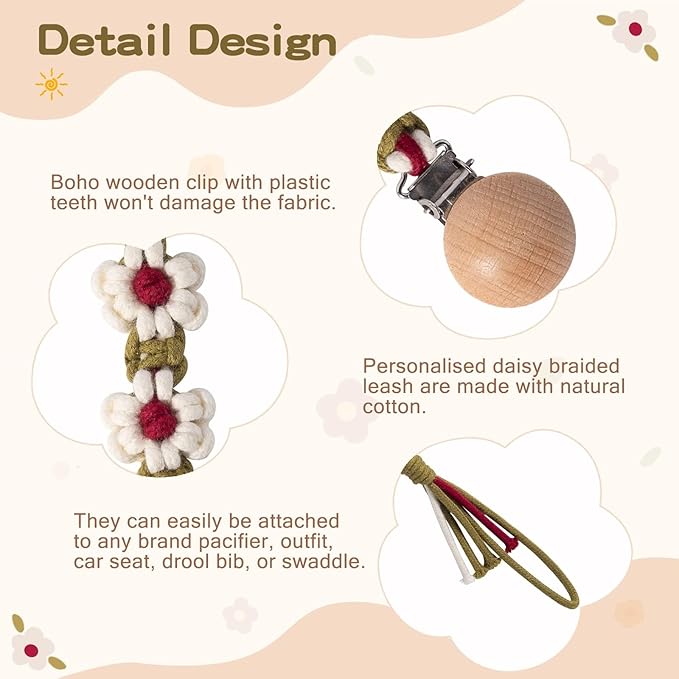 Braided Pacifier Clip for Boys Baby Girls Floral Daisy Macrame Paci Clip Boho Wooden Clips Handmade Cotton Binky Clips Baby Shower Birthday Gift
