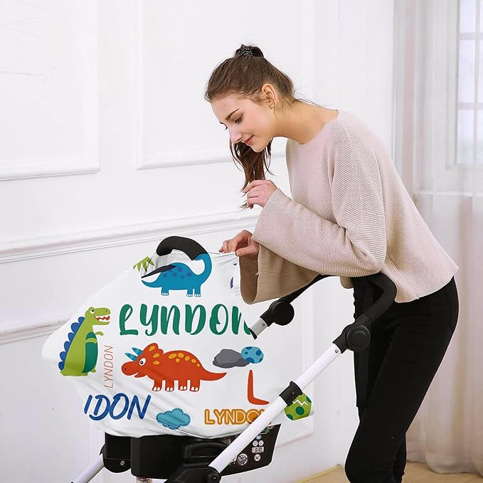 Personalised Car Seat Cover for Babies - Multi-use Carseat Canopy Cover with Name, White Dinosaur Print Car Seat Covers, Birthday Gifts for 0-2 Years Infant Boys and Girls(27"x29")