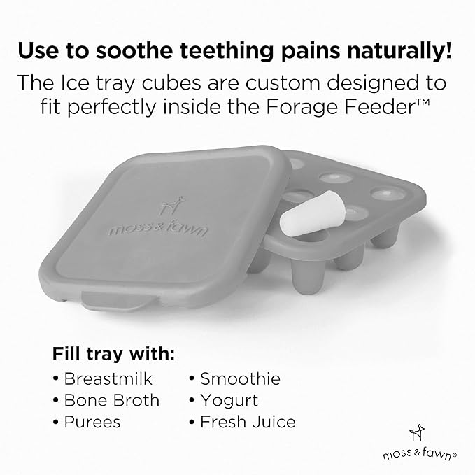 Moss and Fawn Little Explorer Kit - Silicone Frozen Breast Milk Popsicle Kit with Forage Feeder, Teething Popsicle Ice Cube Tray, & Gather & Roll Baby Feeding Bib - BPA, PVC, & Lead-Free - Dew