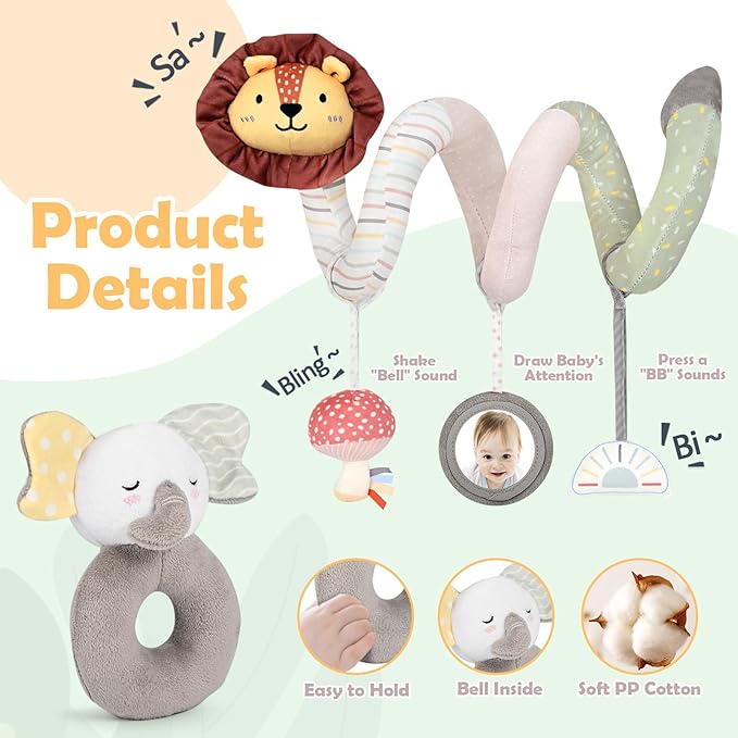 Joyreal Spiral Car Seat Toys with Jungle Soft Book, Plush Rattles and Linking Rings, Stroller & Travel Toy for Newborns and Infants 0-12 Months Girls Boys