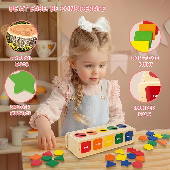 WOODENFUN Color Shape Sorting Toy for Toddler, Wooden Montessori Shape Sorter Color Matching Box Game, Learning Sensory Toys Gift for Boy Girl 3 Year Old