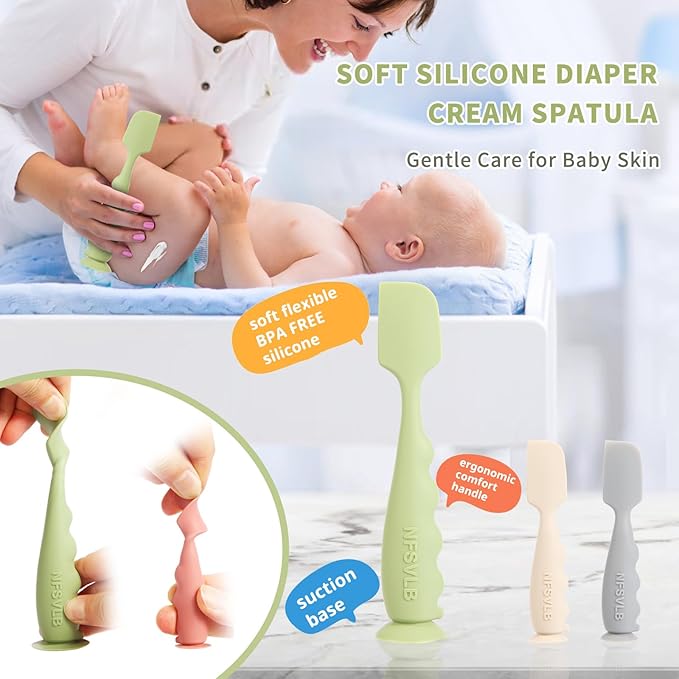 Diaper Cream Spatula with Case,2 Large 2 Mini Butt Paste Spatula with 3 Travel Case,Soft Baby Butt spatula Diaper Cream Applicator diaper Rash spatula Bum spatulas Brush (Green-White)