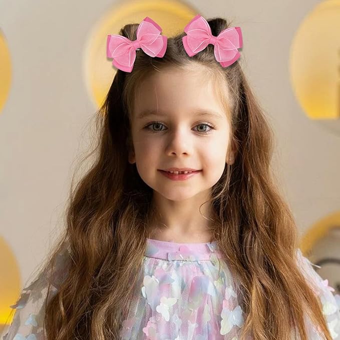 Tiny 3 Inch Organza Double Hair Bow Clips - Lined Boutique Alligator Hairpin for Baby Girls, Toddlers, and Little Teens - Kids Barrettes Set of 2 Small Stylish (Light Hot Pink)
