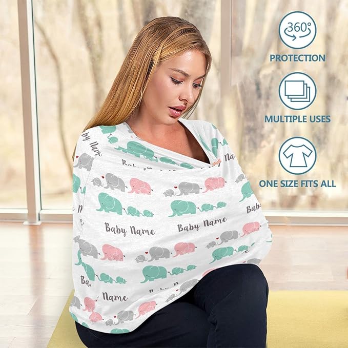 Personalized Baby Car Seat Cover for Babies, Custom Name Baby Car Seats Canopy for Boys Girls, Nursing Breastfeeding Stroller Covers for Infant Newborn, Shower Gift (Cute Elephant)