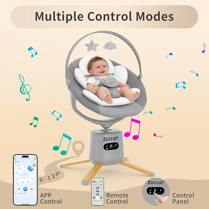 Baby Swings for Infants, Zoicay Electric 3D-Motion Baby Swing with 9 Modes & 8 Speeds, 360° Rotating Seat, APP & Remote Control, 6 Lullabies, Portable Infant Swing for Indoor and Outdoor(Gray)