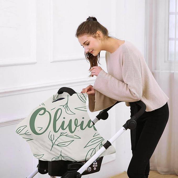 Custom Car Seat Covers for Babies - Breathable Baby Car Seat Cover for Girls Boys, Green Leaf Kick-Proof Newborn Carrier Canopy Stretchy Stroller Cover for 4 Seasons