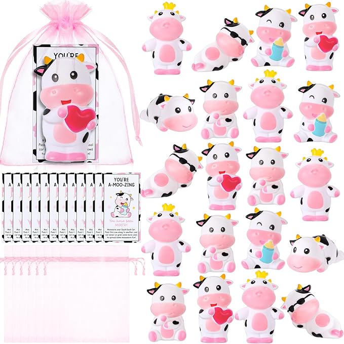 Jenaai 24 Sets Cute Rubber Cow Gifts Set Include Squeak Floating Cows Moo Moo Cards Organza Bags Rubber Animal Figures Bathtub Toy for Employee Baby Shower Bulk