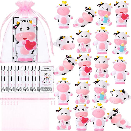 Jenaai 24 Sets Cute Rubber Cow Gifts Set Include Squeak Floating Cows Moo Moo Cards Organza Bags Rubber Animal Figures Bathtub Toy for Employee Baby Shower Bulk