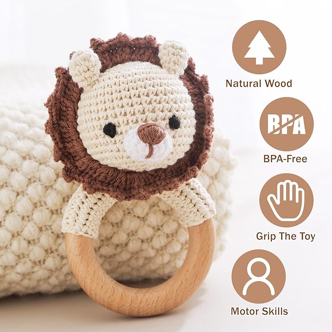 Wooden Baby Rattle, Crochet Lion Rattle, Newborn Wooden Animal Rattle Toy, Infant Rattle Toys