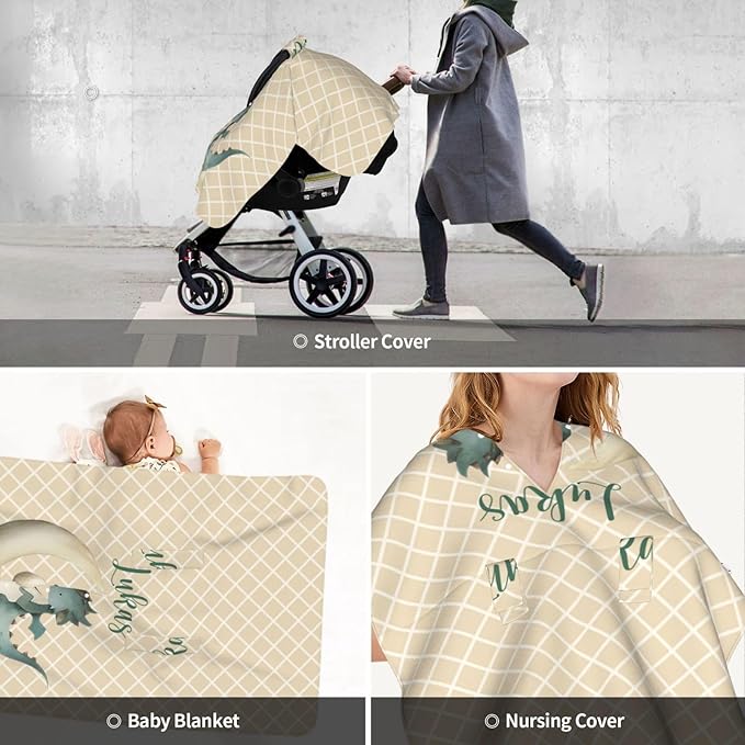 Custom Baby Car Seat Cover with Name – Personalized Dragon Nursing Cover, Infant Carseat Canopy, Shopping Cart Cover – Soft, Breathable & Warm – Ideal Shower Gift for Baby Boys & Girls