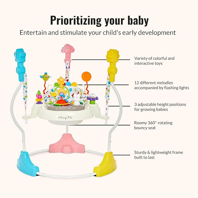 Dream On Me 2-in-1 Baby Activity Center & Bouncer Jumper, 360° Rotating Seat, 3-Height Adjustable, 12 Melodies with Lights & Interactive Toys, Promotes Early Development - Star Print
