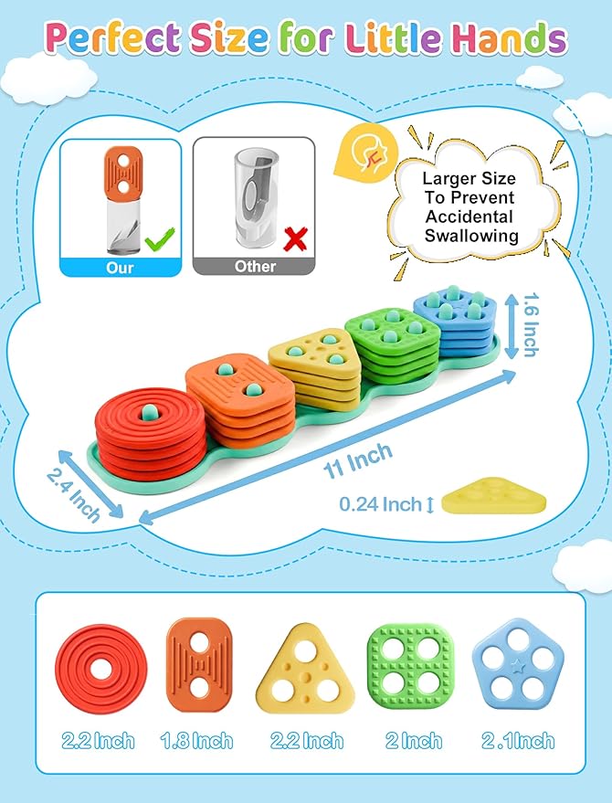 Montessori Learning Toddler Toys 1 2 3: Soft Silicone Shape Color Sorting Stacking Toy for 1-3 Year Old Boy Girl Gifts