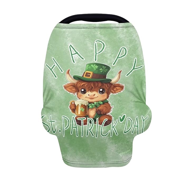 Wanyint Stretchy Baby Car Seat Cover Carseat Canopy for Babies Universal Baby Breastfeeding Stroller High Chair Shopping Cart Cover for Saint Patrick's Day Decor, Highland Cow Beer Green