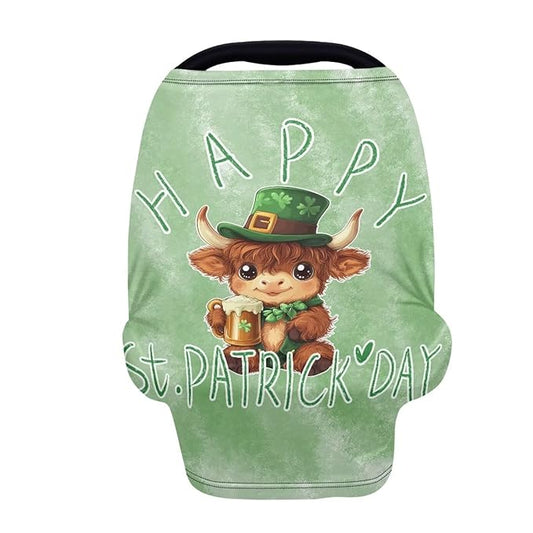 Wanyint Stretchy Baby Car Seat Cover Carseat Canopy for Babies Universal Baby Breastfeeding Stroller High Chair Shopping Cart Cover for Saint Patrick's Day Decor, Highland Cow Beer Green