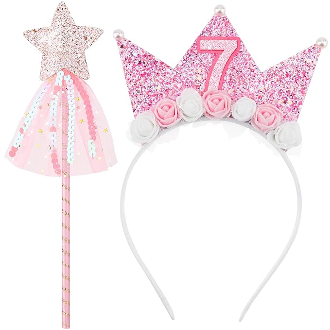BQUBO 7th Birthday Decorations for Girls Little Girls Birthday Headband & Fairy Wands Star Glitter Princess Wand Set for 7 Year Old Girl Gift Birthdays Decorations Princess Dress Up Party Favors