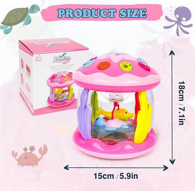 M SANMERSEN Baby Girl Toys 6-12 Months - Babies Ocean Rotating Projector Light Up Musical Toys for 12-18 Months Crawling Learning Tummy Time 1 2 Years Old Infant Boys Girls Pink