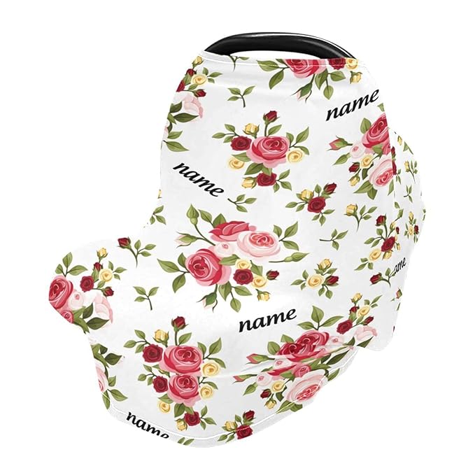 Personalized Baby Car Seat Cover for Babies, Custom Name Baby Car Seats Canopy for Girls, Floral Rose Nursing Breastfeeding Stroller Covers for Infant Newborn, Shower Gift for Baby
