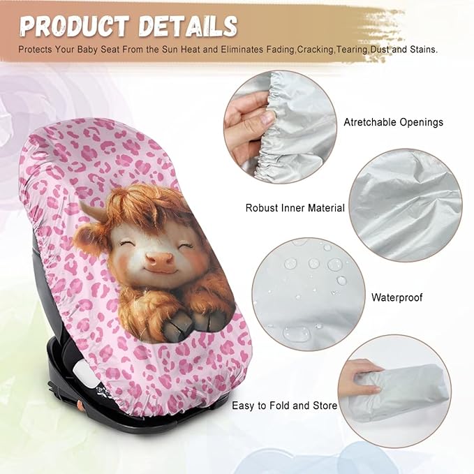 Car Seat Protector for Child Car Seat, Cute Highland Cow Car Seat Sun Cover for Baby, Pink Leopard Car Seats Heat Protector Keeps Your Toddler Baby Seat at a Cool Temperature